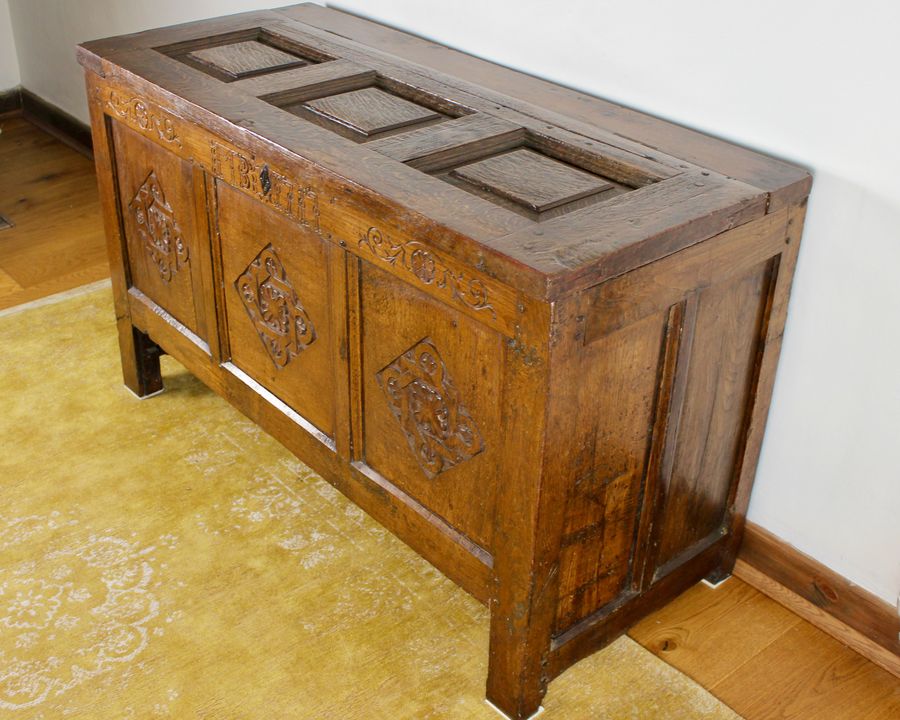 Oak Carved Coffer Dated 1717