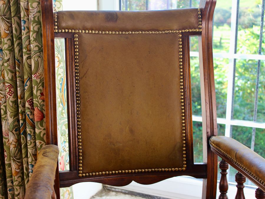 Antique Edwardian Mahogany Framed Leather Rocking Chair