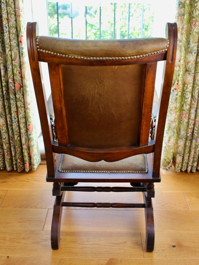 Antique Edwardian Mahogany Framed Leather Rocking Chair