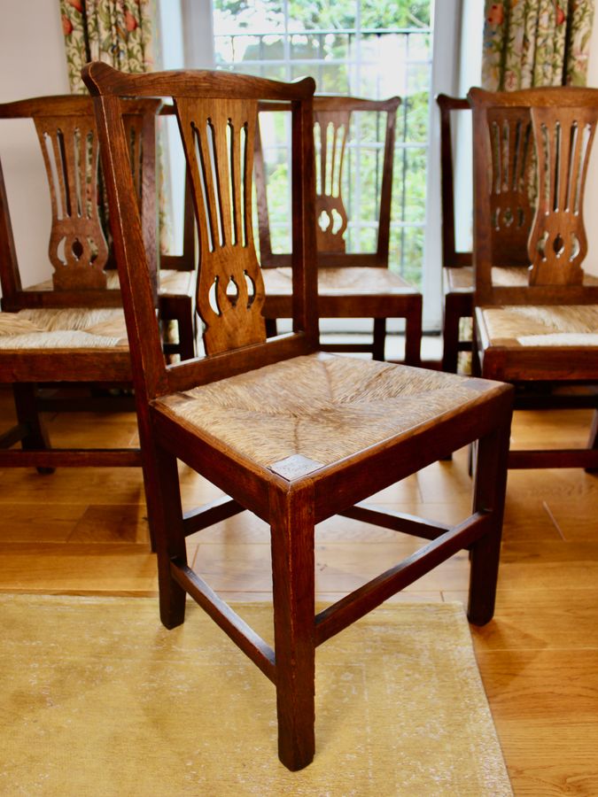 Antique Rare Set of 8 George III Oak Country Chairs By Clarkson of Wolverhampton