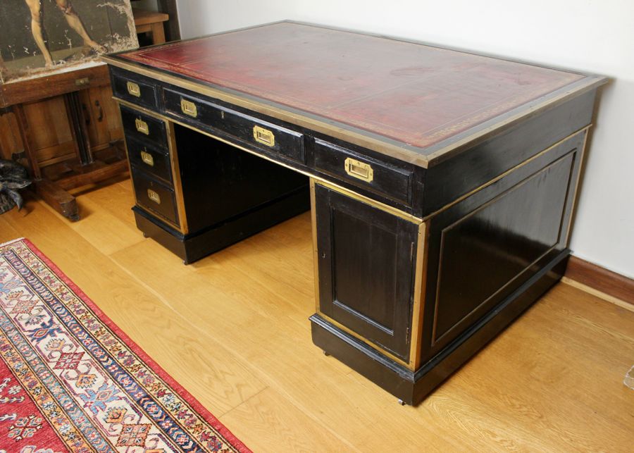 Antique 19th Century Campaign Type Brass Mounted Ebonised Twin Pedestal Desk