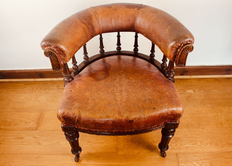 Antique Victorian Oak Framed & Leather Upholstered Club Elbow Chair