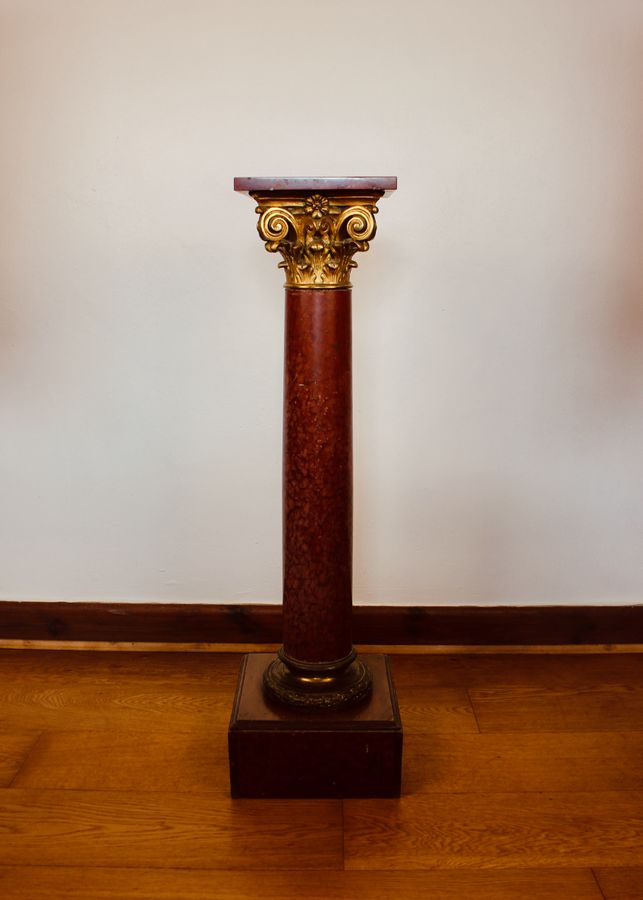 Antique Gilt Metal Mounted Rouge Marble Corinthian Column Pedestal Circa.1880