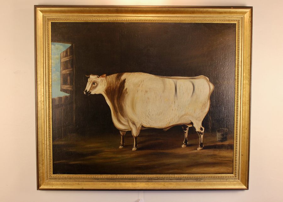 Antique Large Naive Cattle In Stable Oil Painting 19th C