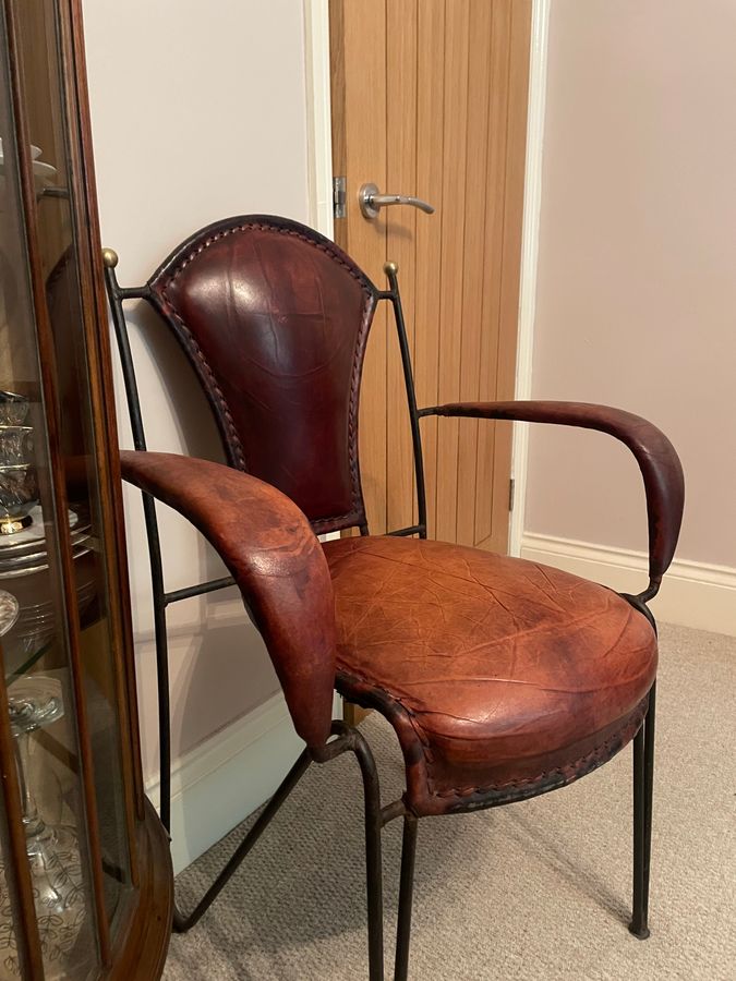 Antique Jaques Adnet Leather and Iron Chairs