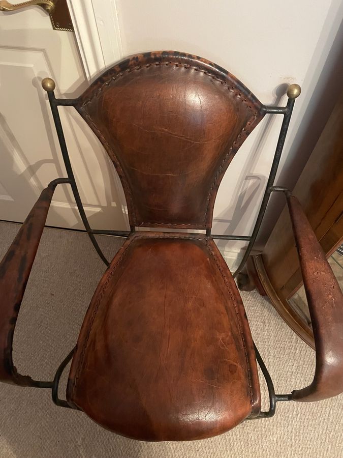 Antique Jaques Adnet Leather and Iron Chairs