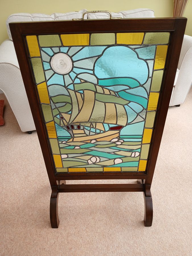 ARTS AND CRAFTS , GLASS COLOURED AND MAHOGANY FIRE SCREEN