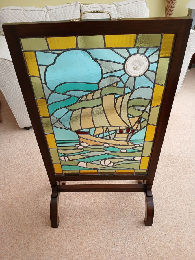 Antique ARTS AND CRAFTS , GLASS COLOURED AND MAHOGANY FIRE SCREEN