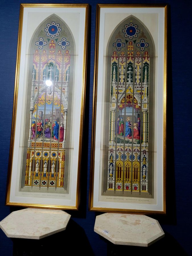 Antique Two Stained Glass Lithographs 