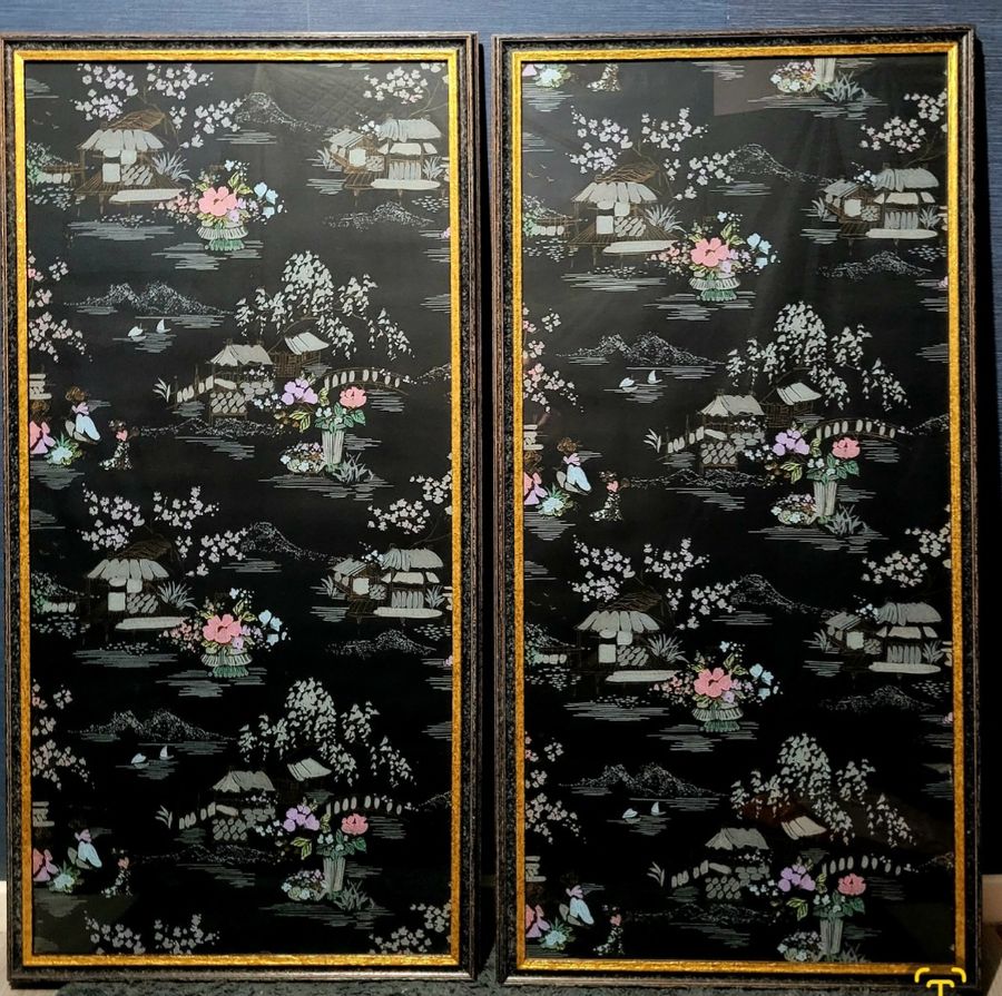 1930s Black Chinoserie Wallpaper Panels