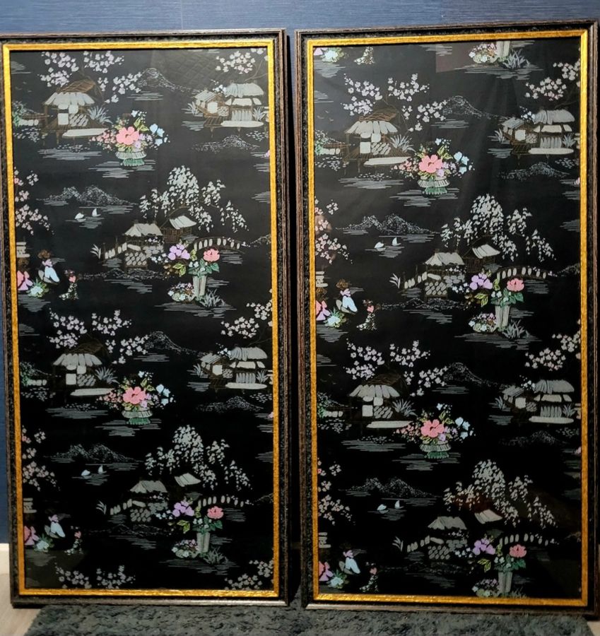 Antique 1930s Black Chinoserie Wallpaper Panels 