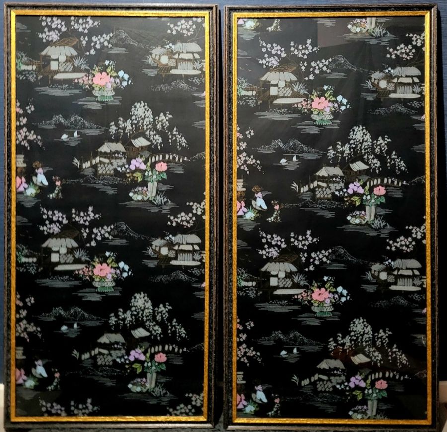 Antique 1930s Black Chinoserie Wallpaper Panels 