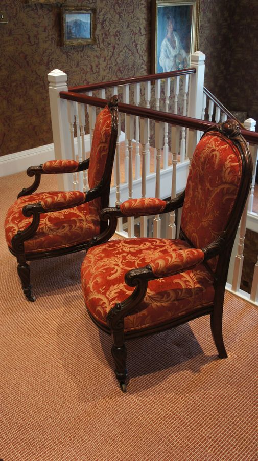 Antique A Pair of French, Rosewood, Open Armchairs c1840.