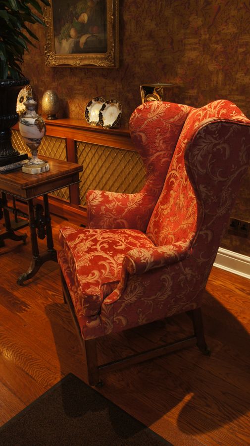 Antique A Pair of George III, Upholstered Wing Chairs c1780 - One with Castors, one without.