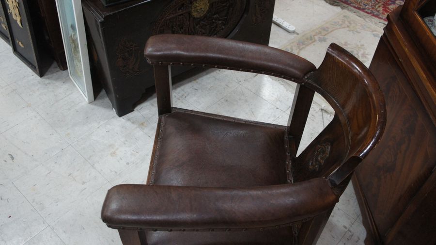 Antique Early 20th Century Oak and Leather Club Chair.