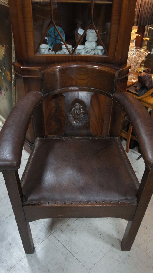 Antique Early 20th Century Oak and Leather Club Chair.