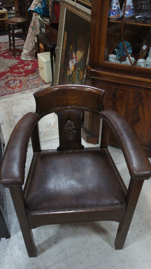 Antique Early 20th Century Oak and Leather Club Chair.