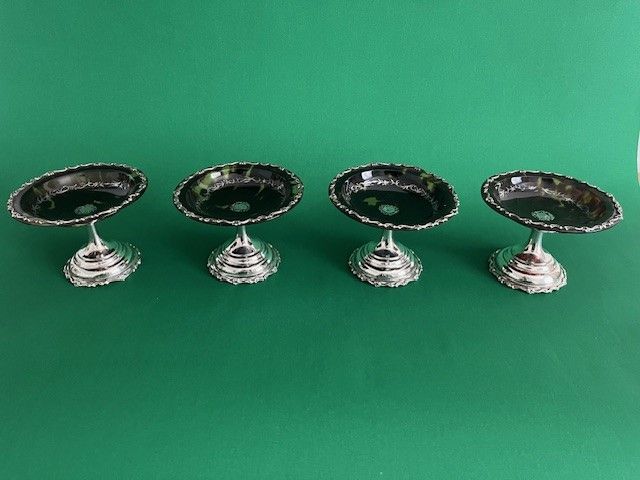 An superb set of four of George V silver & tortoiseshell pique work tazzas