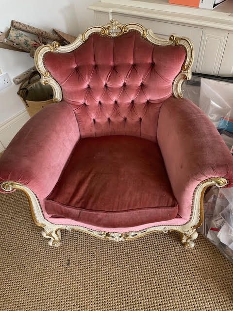 Pink velvet upholstered French vintage armchair