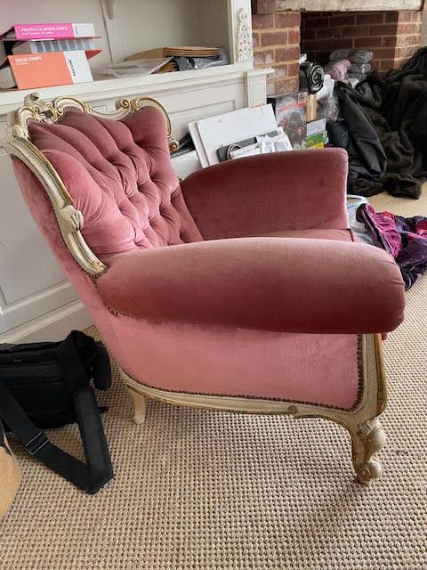 Antique Pink velvet upholstered French vintage armchair