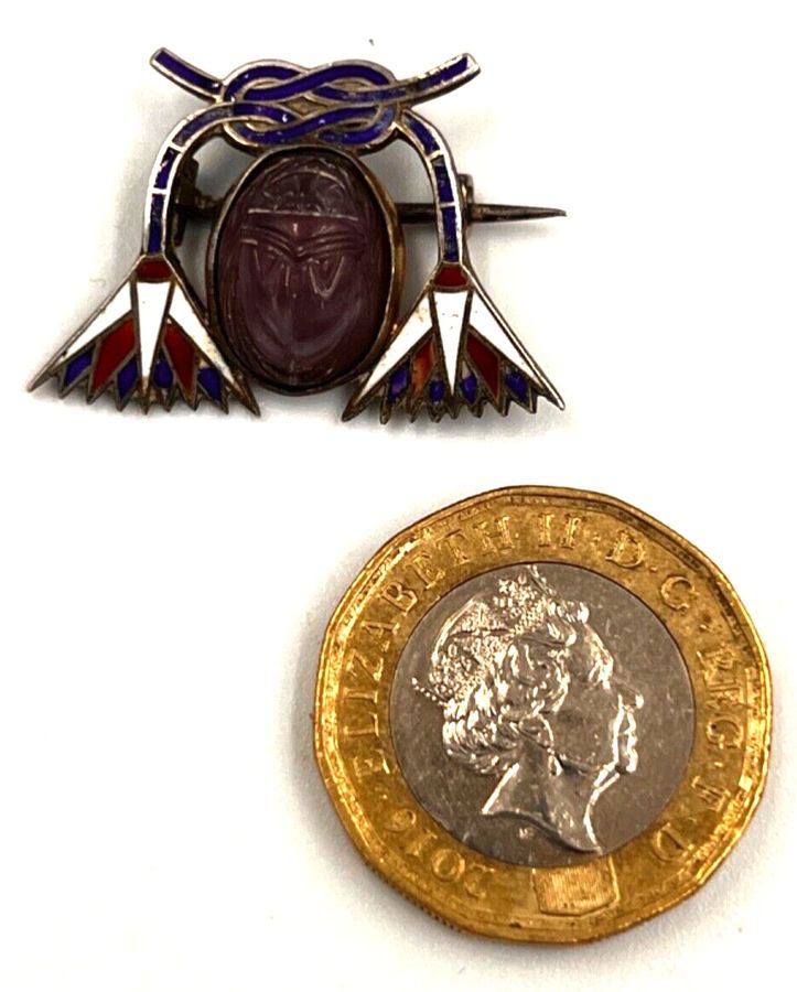 Antique Antique Egyptian Revival 800 Silver Gilt Amethyst Scarab & Enamel Brooch