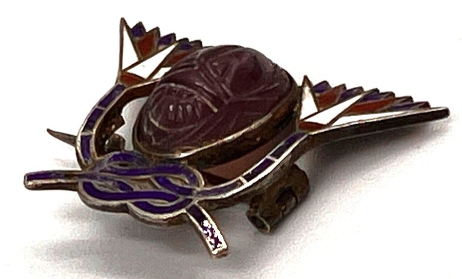 Antique Antique Egyptian Revival 800 Silver Gilt Amethyst Scarab & Enamel Brooch