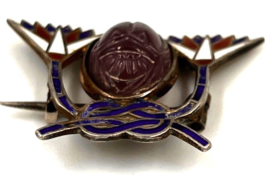 Antique Antique Egyptian Revival 800 Silver Gilt Amethyst Scarab & Enamel Brooch