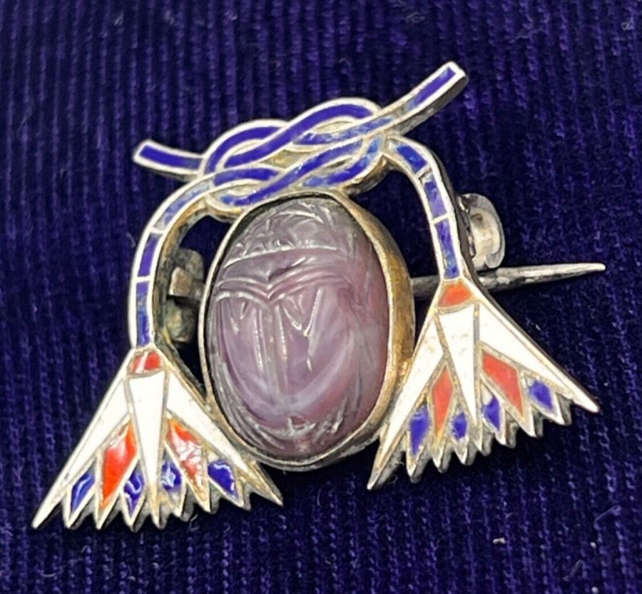 Antique Antique Egyptian Revival 800 Silver Gilt Amethyst Scarab & Enamel Brooch