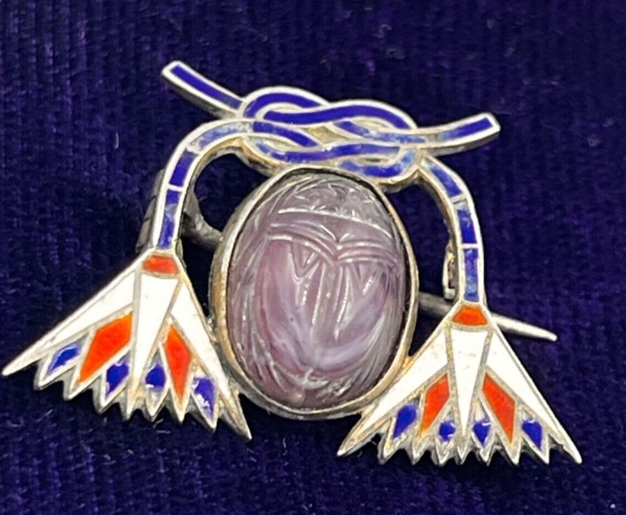 Antique Antique Egyptian Revival 800 Silver Gilt Amethyst Scarab & Enamel Brooch