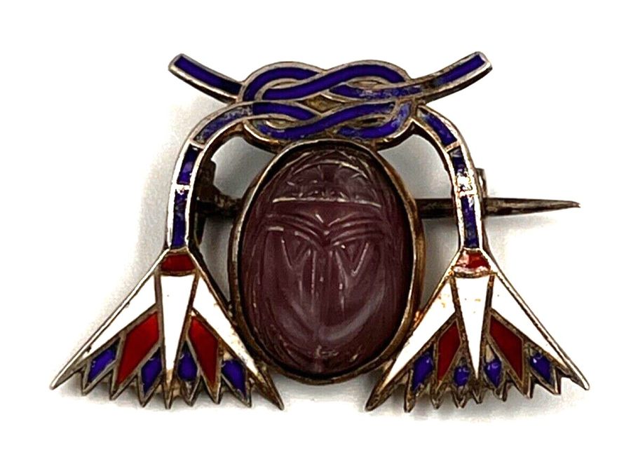 Antique Antique Egyptian Revival 800 Silver Gilt Amethyst Scarab & Enamel Brooch