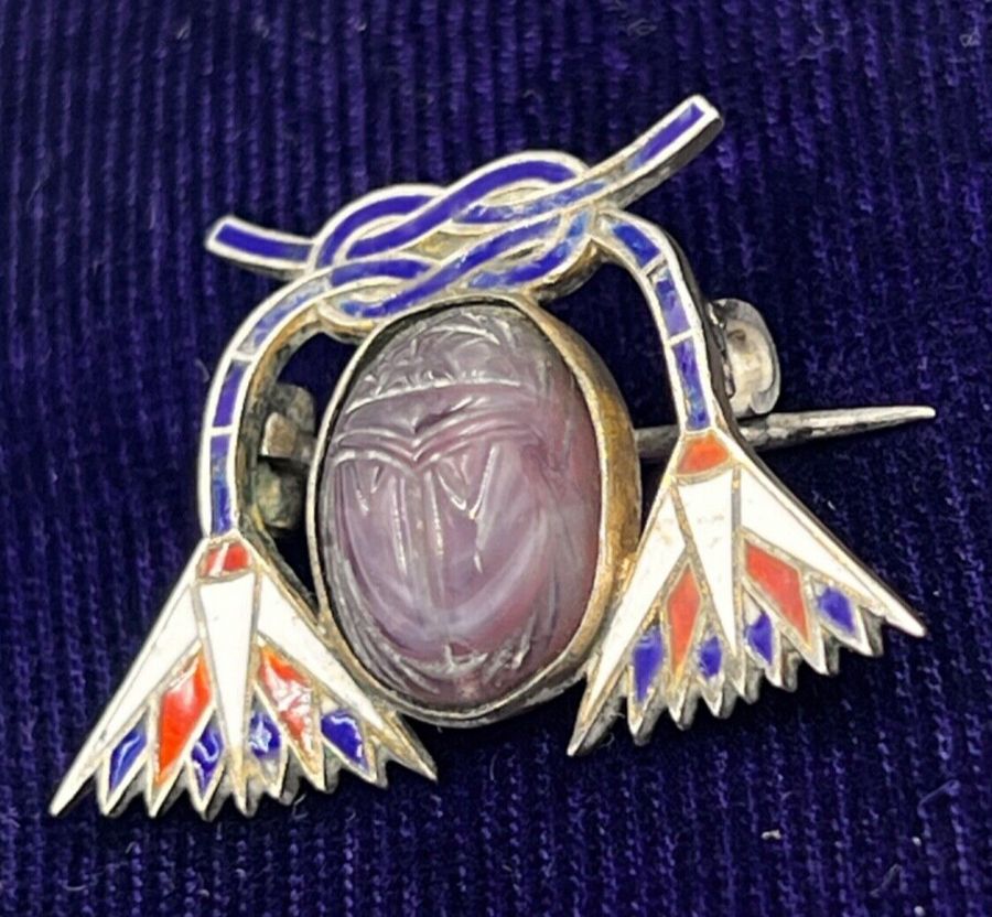 Antique Antique Egyptian Revival 800 Silver Gilt Amethyst Scarab & Enamel Brooch