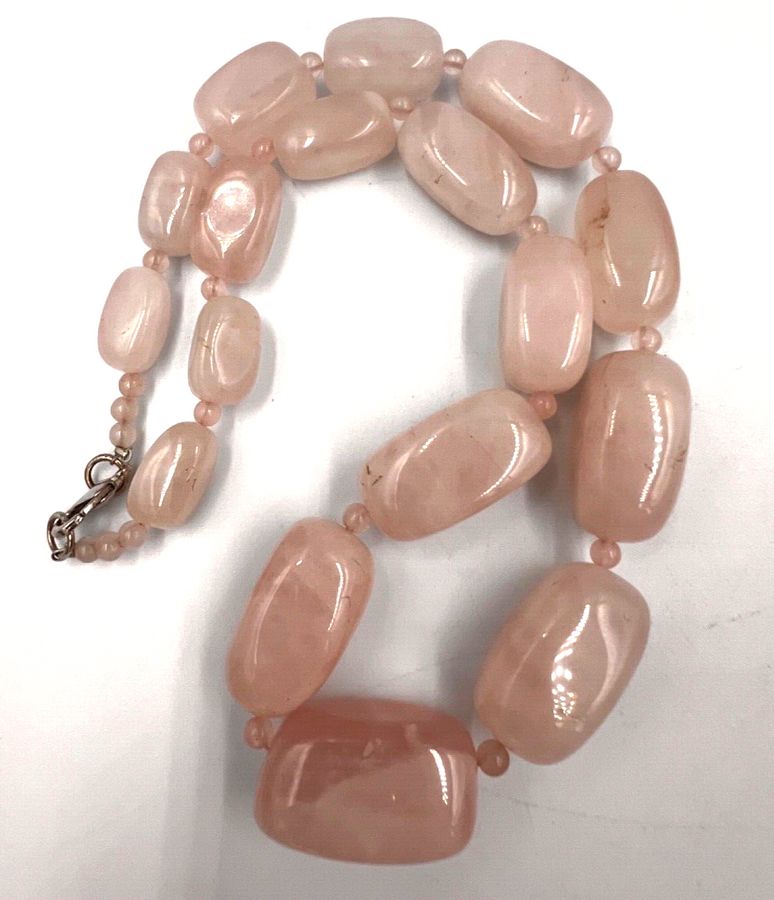 Antique Vintage Natural Polished Graduated Rose Quartz Necklace Choker  Silver Clasp