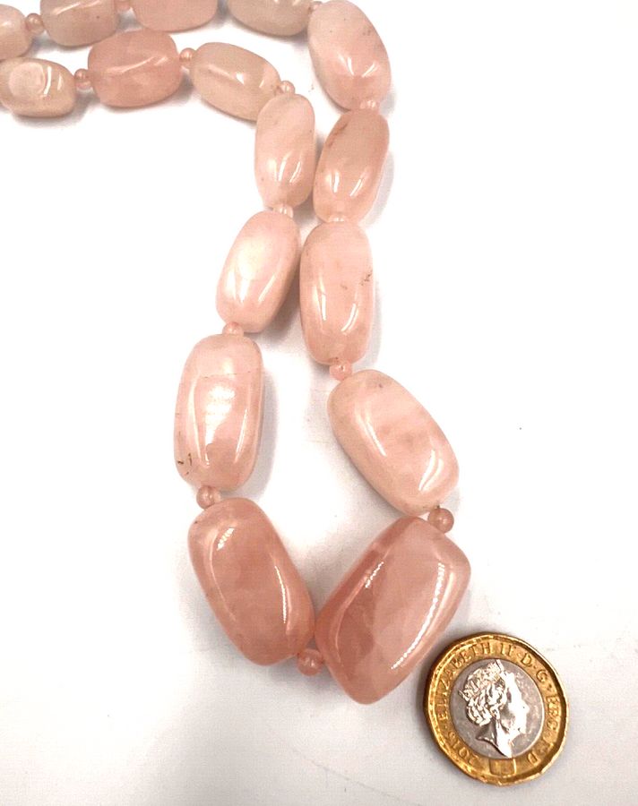 Antique Vintage Natural Polished Graduated Rose Quartz Necklace Choker  Silver Clasp