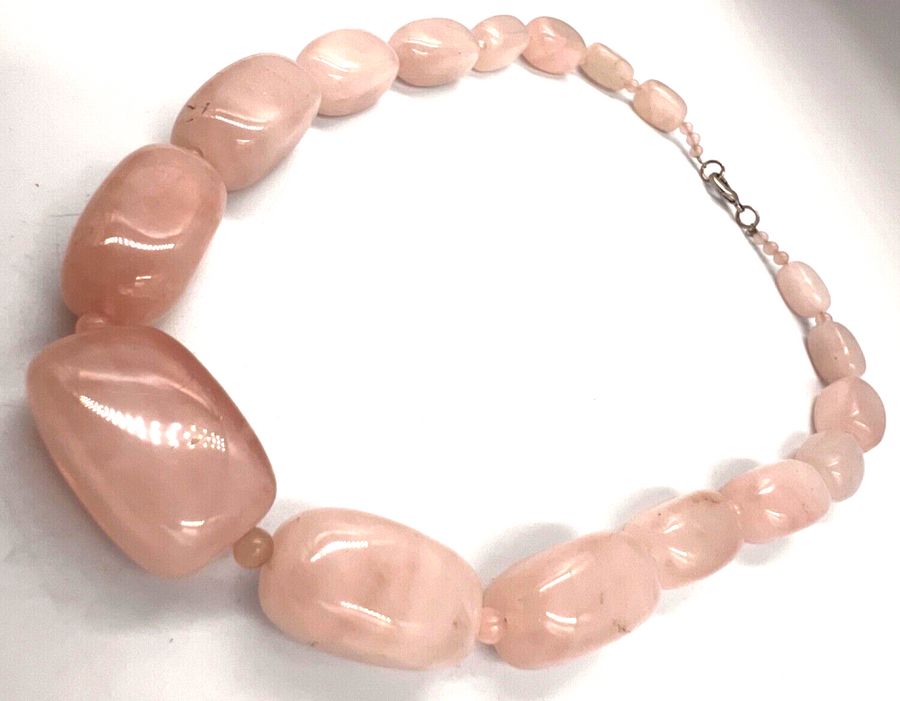 Antique Vintage Natural Polished Graduated Rose Quartz Necklace Choker  Silver Clasp