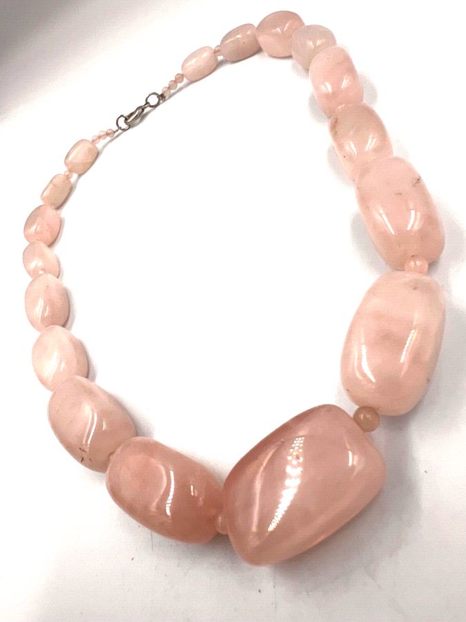 Antique Vintage Natural Polished Graduated Rose Quartz Necklace Choker  Silver Clasp