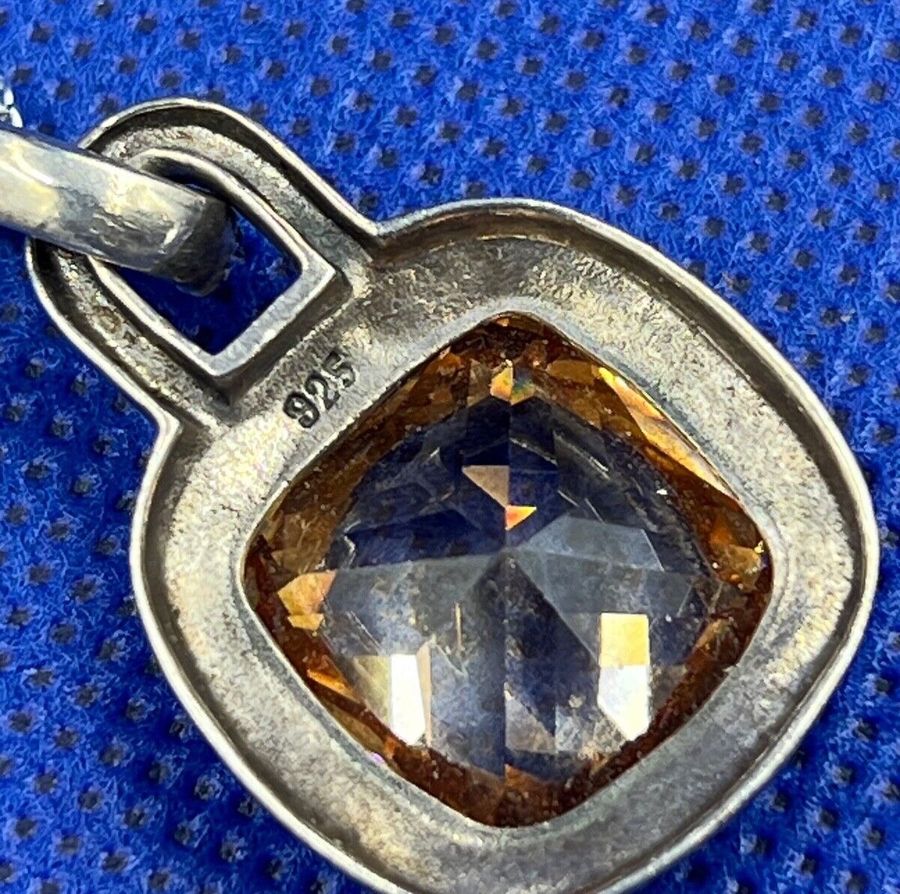 Antique Antique Art Deco Silver Smokey Citrine Pendant  Large Facet Cut Stone