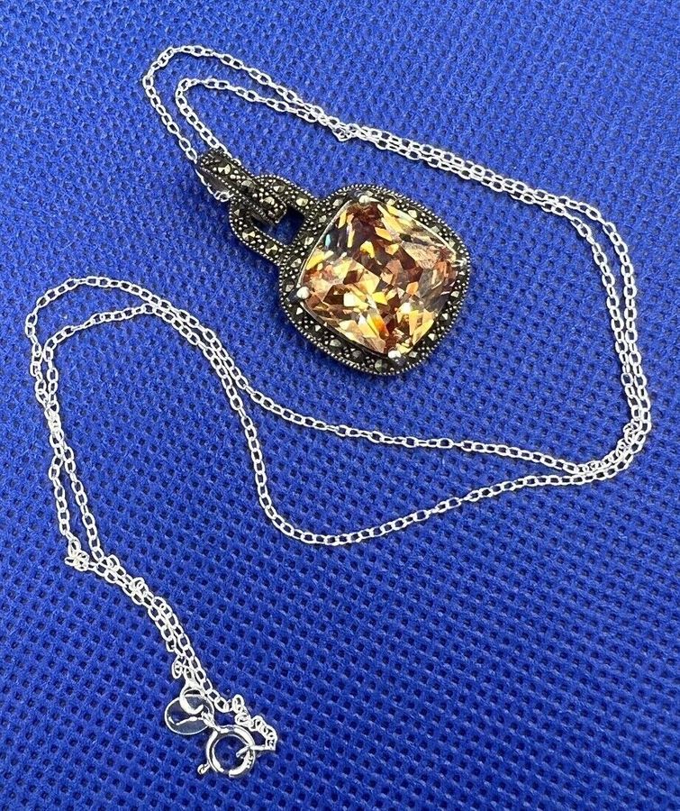 Antique Antique Art Deco Silver Smokey Citrine Pendant  Large Facet Cut Stone