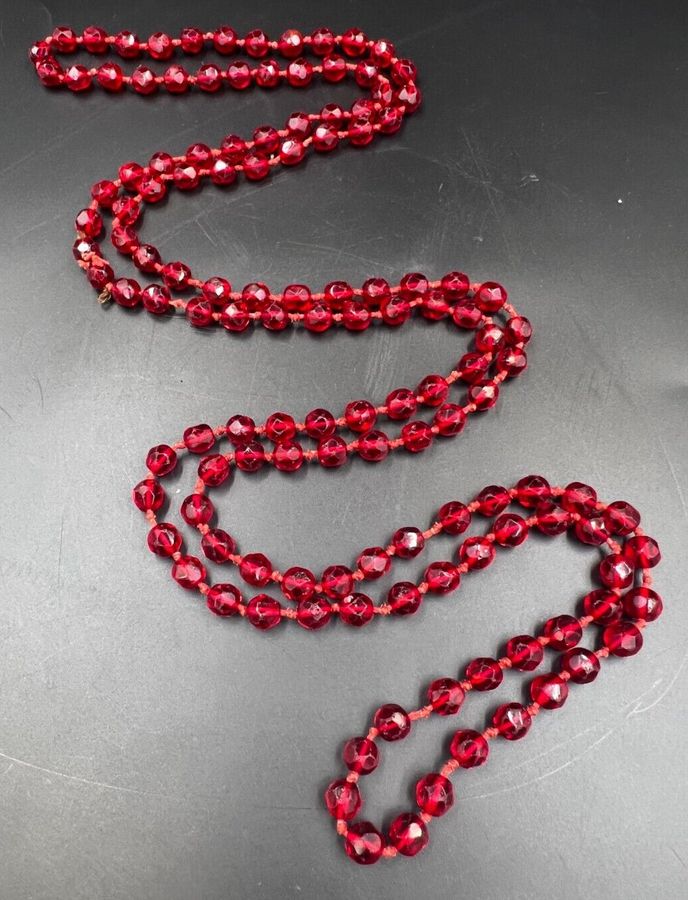 Antique Antique Art Deco Czech Red Ex Long Flapper Necklace Facet Cut Circa 1920s