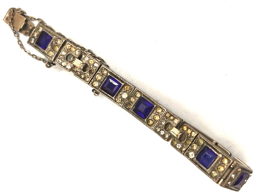 Antique Antique Art Deco White Metal Bracelet Square Czech Blue & Baguette White Stones