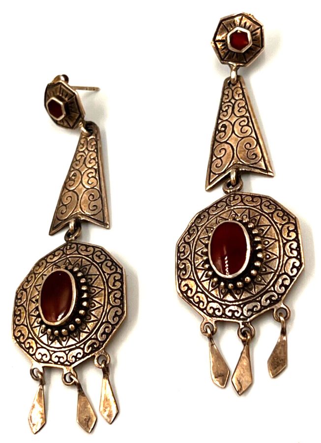 Antique Antique Art Deco Very Long Drop Earrings Sterling Silver & Czech Red Hand Worked