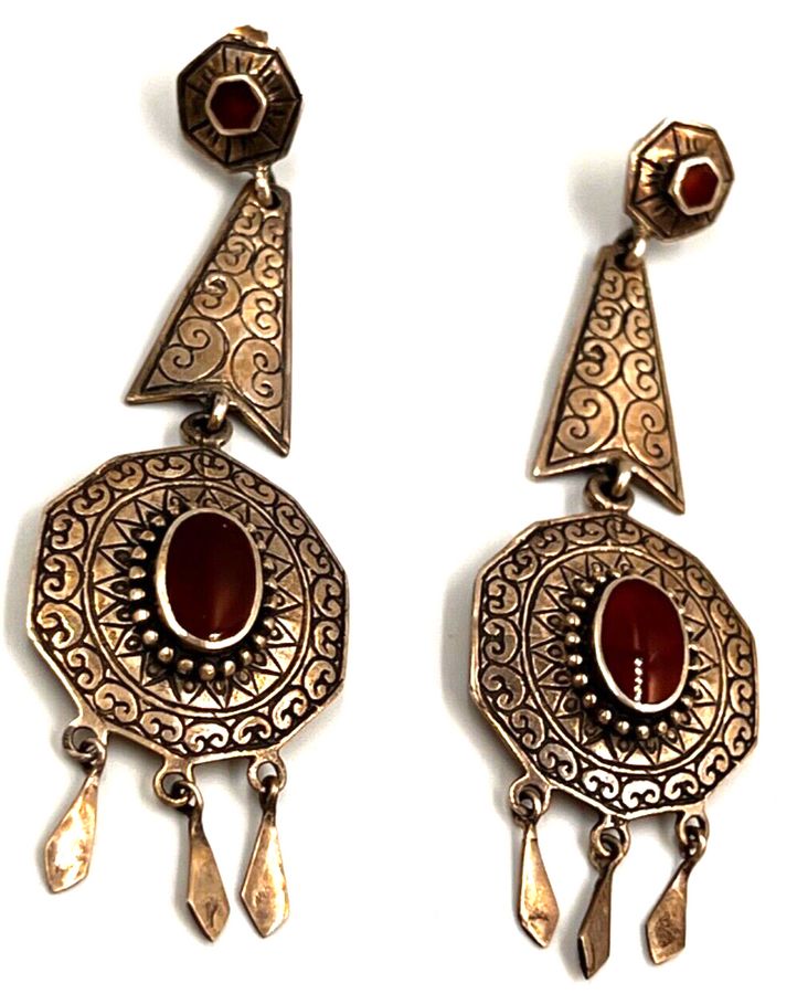 Antique Antique Art Deco Very Long Drop Earrings Sterling Silver & Czech Red Hand Worked