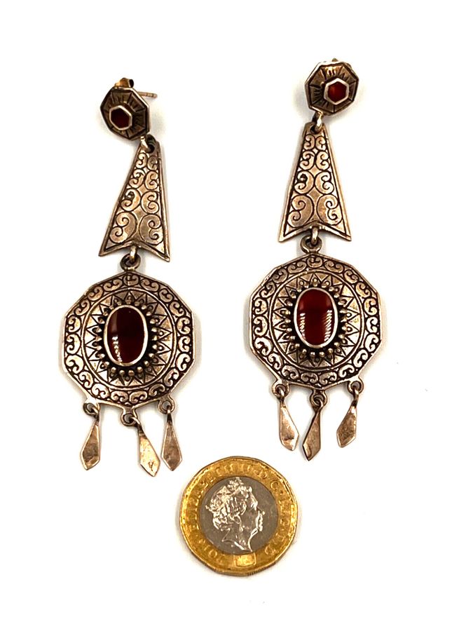 Antique Antique Art Deco Very Long Drop Earrings Sterling Silver & Czech Red Hand Worked