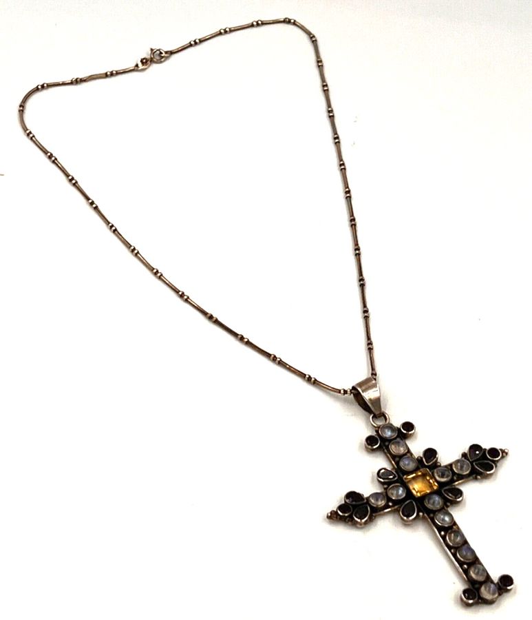 Antique Antique Austro Hungarian 925 Moonstone Citrine & Sapphire Encrusted Large Cross