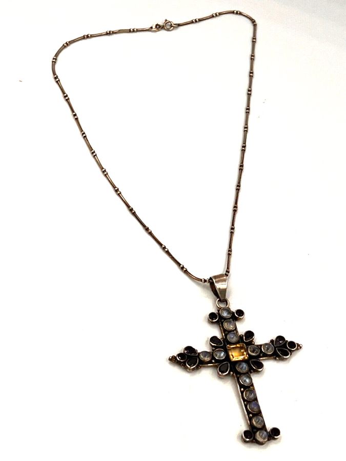 Antique Antique Austro Hungarian 925 Moonstone Citrine & Sapphire Encrusted Large Cross