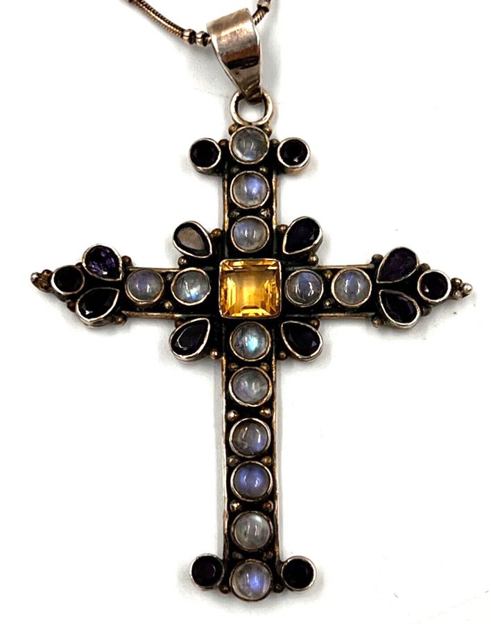 Antique Antique Austro Hungarian 925 Moonstone Citrine & Sapphire Encrusted Large Cross