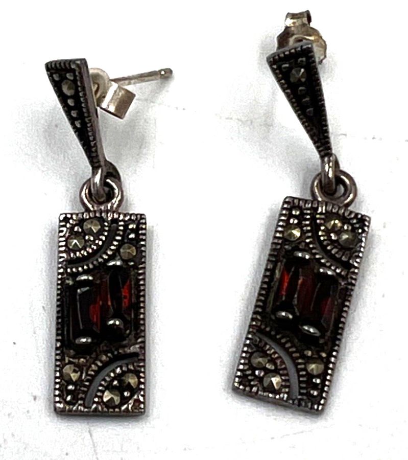 Antique Antique Art Deco Sterling Silver Drop Earrings  Set with 2 Garnets & Marcasite