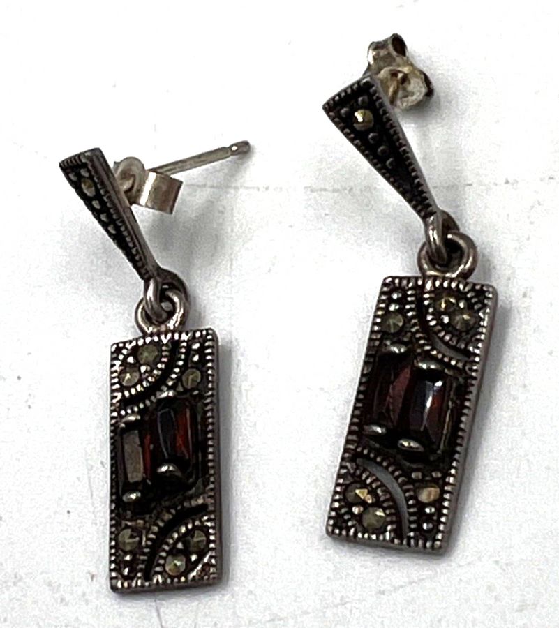 Antique Antique Art Deco Sterling Silver Drop Earrings  Set with 2 Garnets & Marcasite