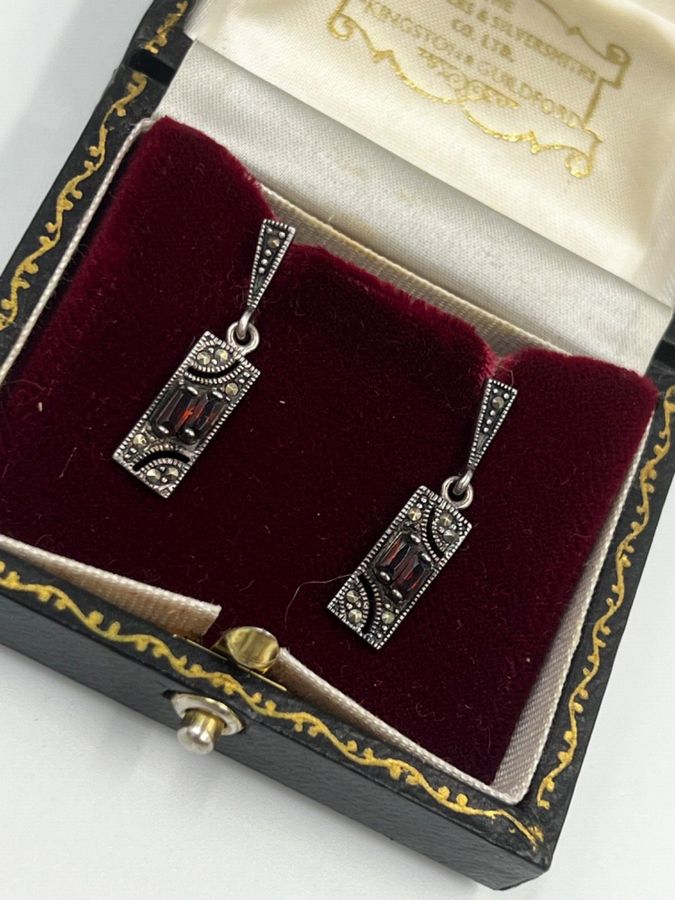 Antique Antique Art Deco Sterling Silver Drop Earrings  Set with 2 Garnets & Marcasite