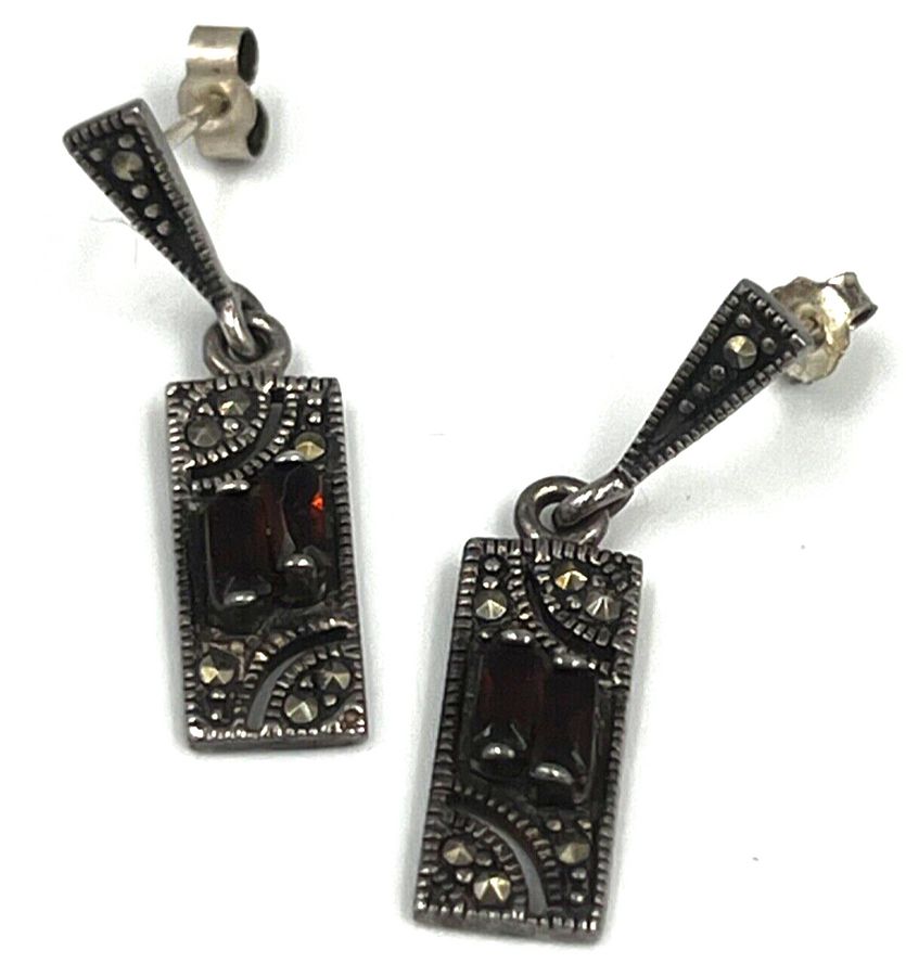 Antique Antique Art Deco Sterling Silver Drop Earrings  Set with 2 Garnets & Marcasite