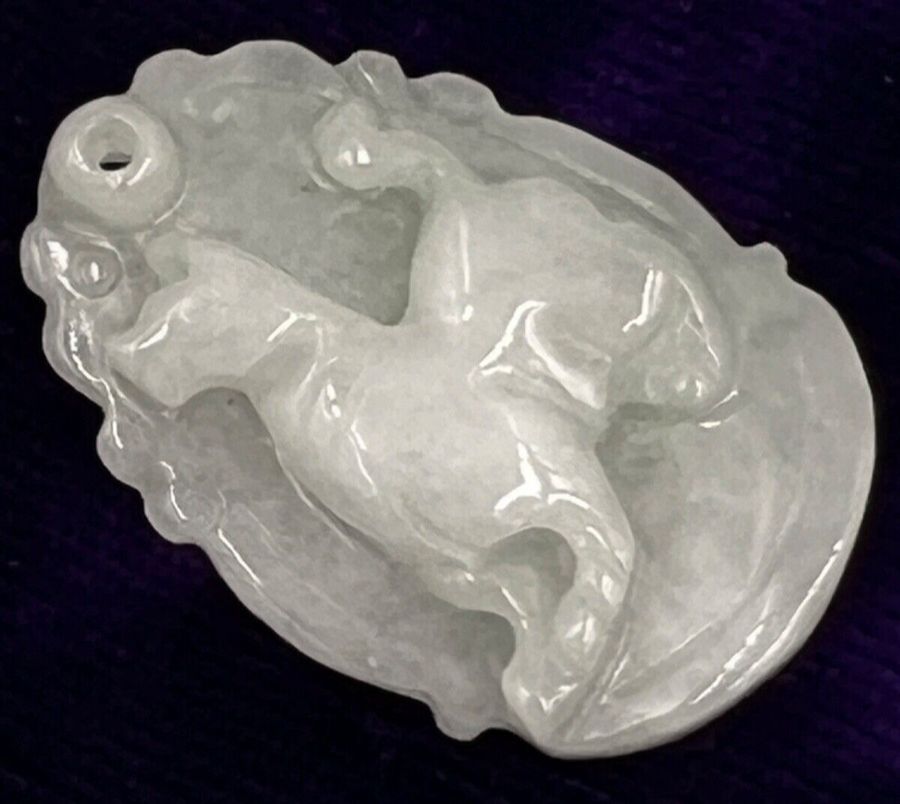 Antique Antique Chinese Celadon Natural Jade Pendant Hand Carved Depicting a Foo Dog